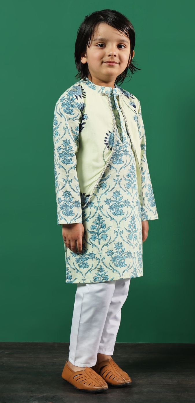 Nautinati Boys' 100% Cotton Festive Resort Style Tropical Print Kurta & Pyjama Set