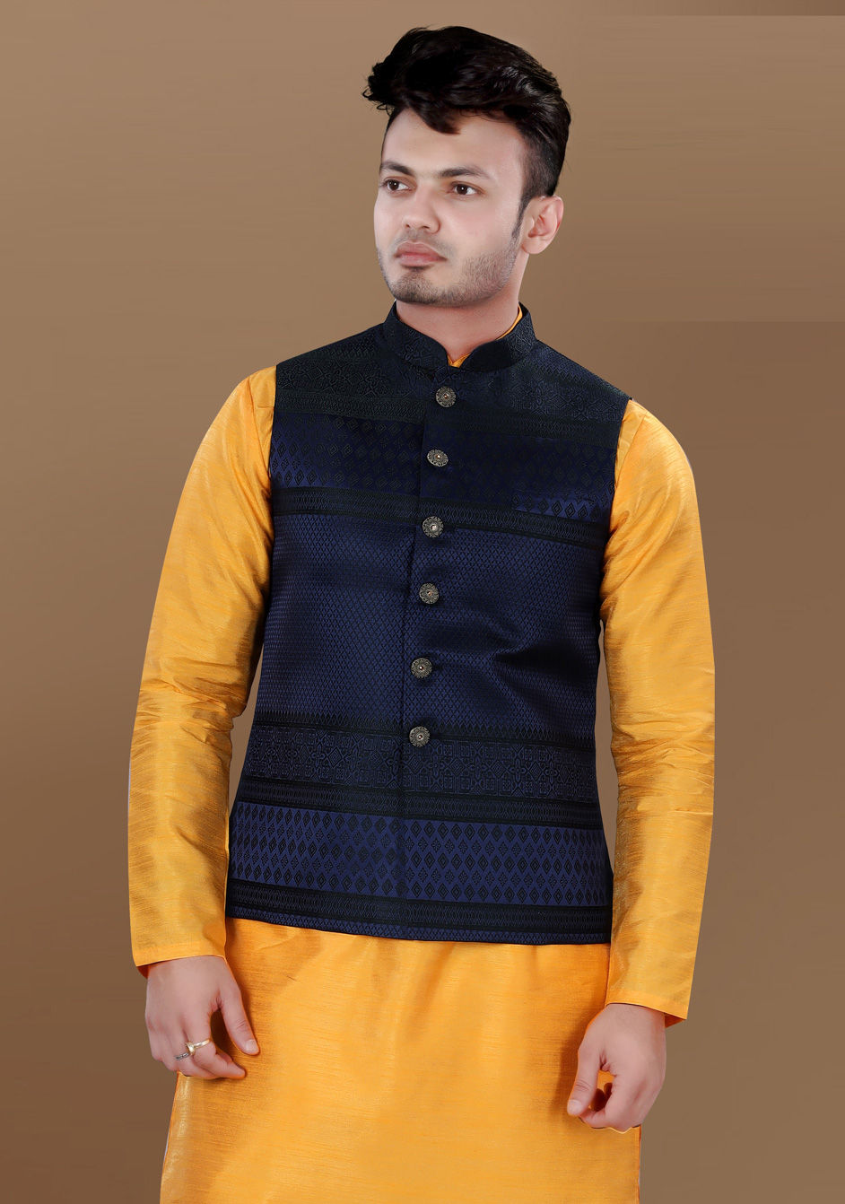 Party Wear Blue Color Jacquard Fabric Nehru Jacket : 1936113