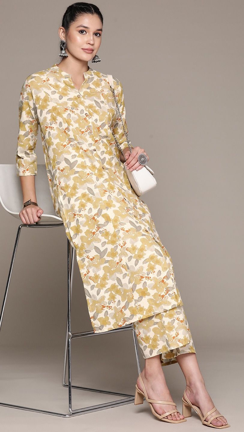 Women's Floral Printed Knee Length Rayon Co-ords Set (Beige)