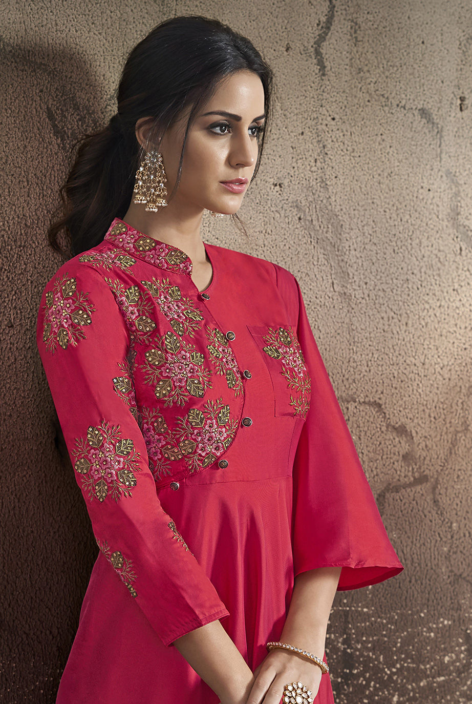 Tej - Shirt and veshti set in pink taffeta silk and cotton