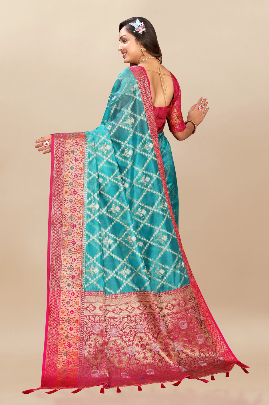 Reception, Traditional Blue Color Organza Silk Fabric Saree : 1944035