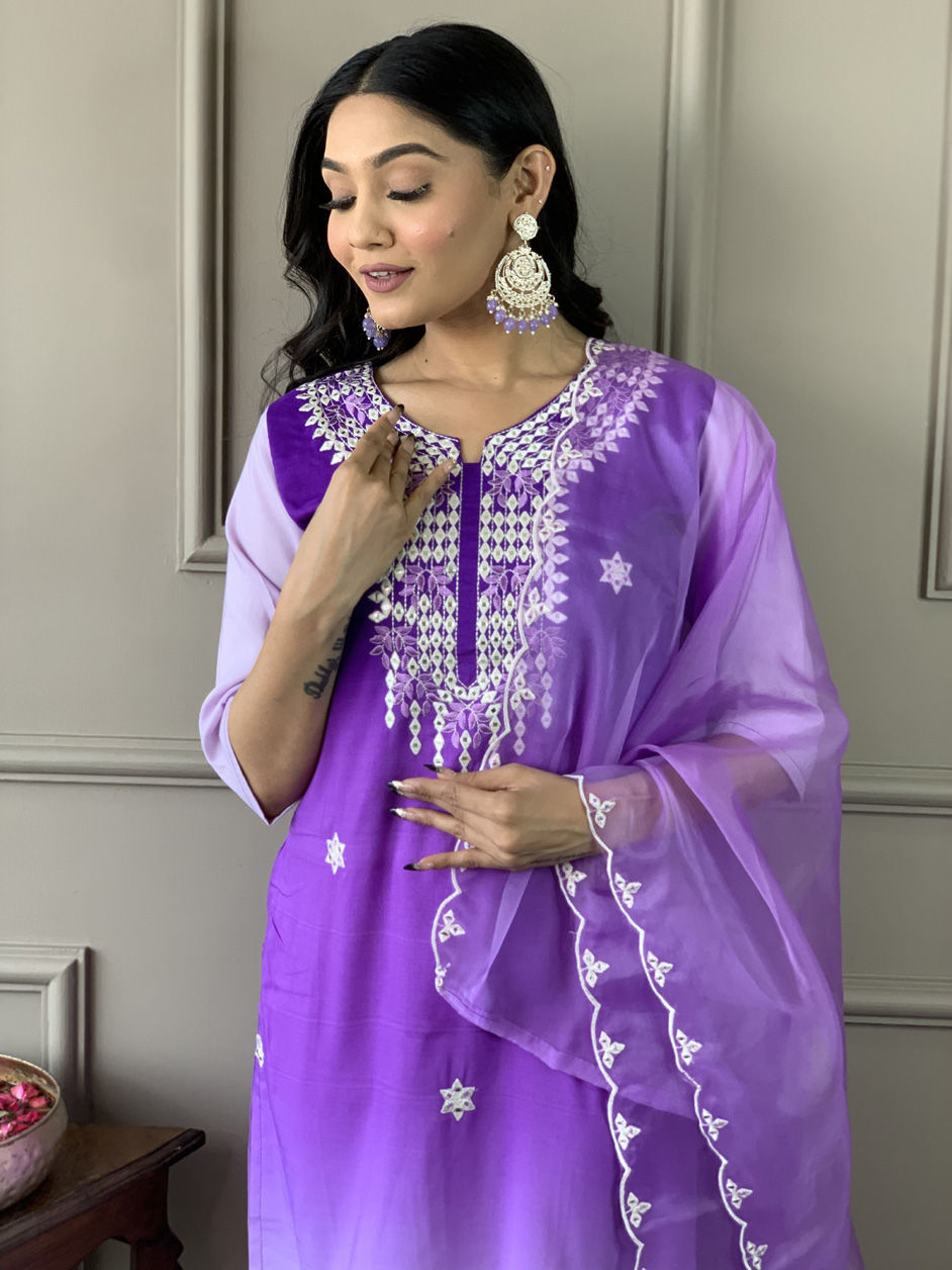 Rameen Purple Muslin Farshi Salwar Set