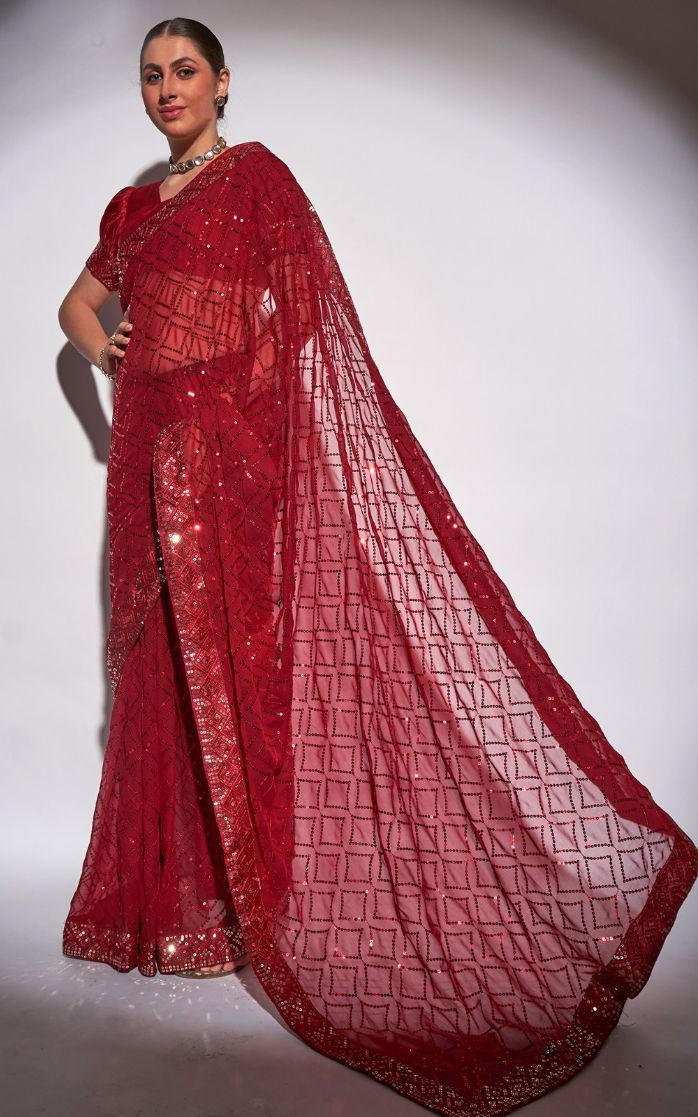 Maroon Shimmer Georgette Silk Festive Party Saree