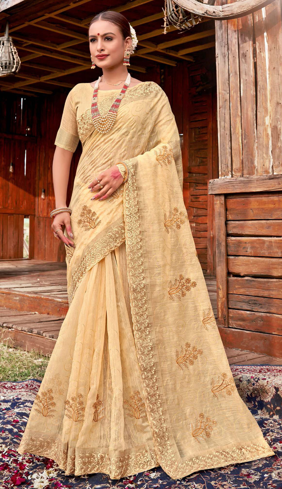 Cream Linen Blend Embroidered Party Wear Traditional Saree