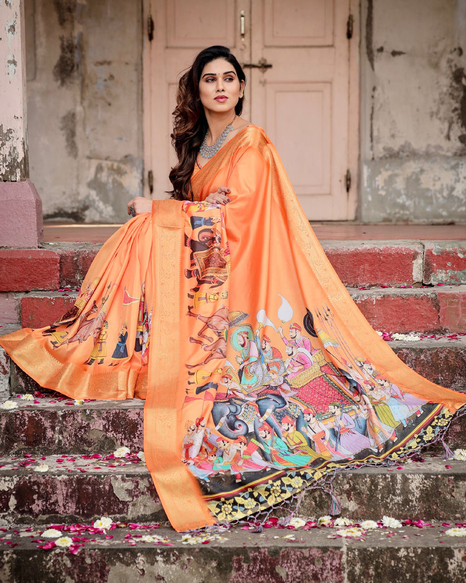 Party Wear Traditional Orange Color Art Silk Fabric Saree 1948120 8304