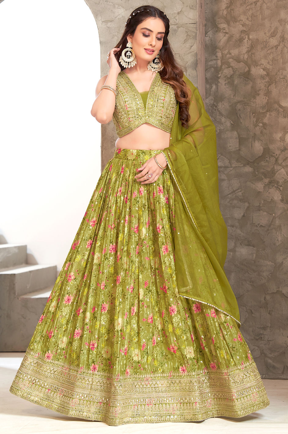Glamorous Green Silk Lehenga for Weddings & Parties Zarkan Work with Belt & Latkan Finish - Buy main image 0