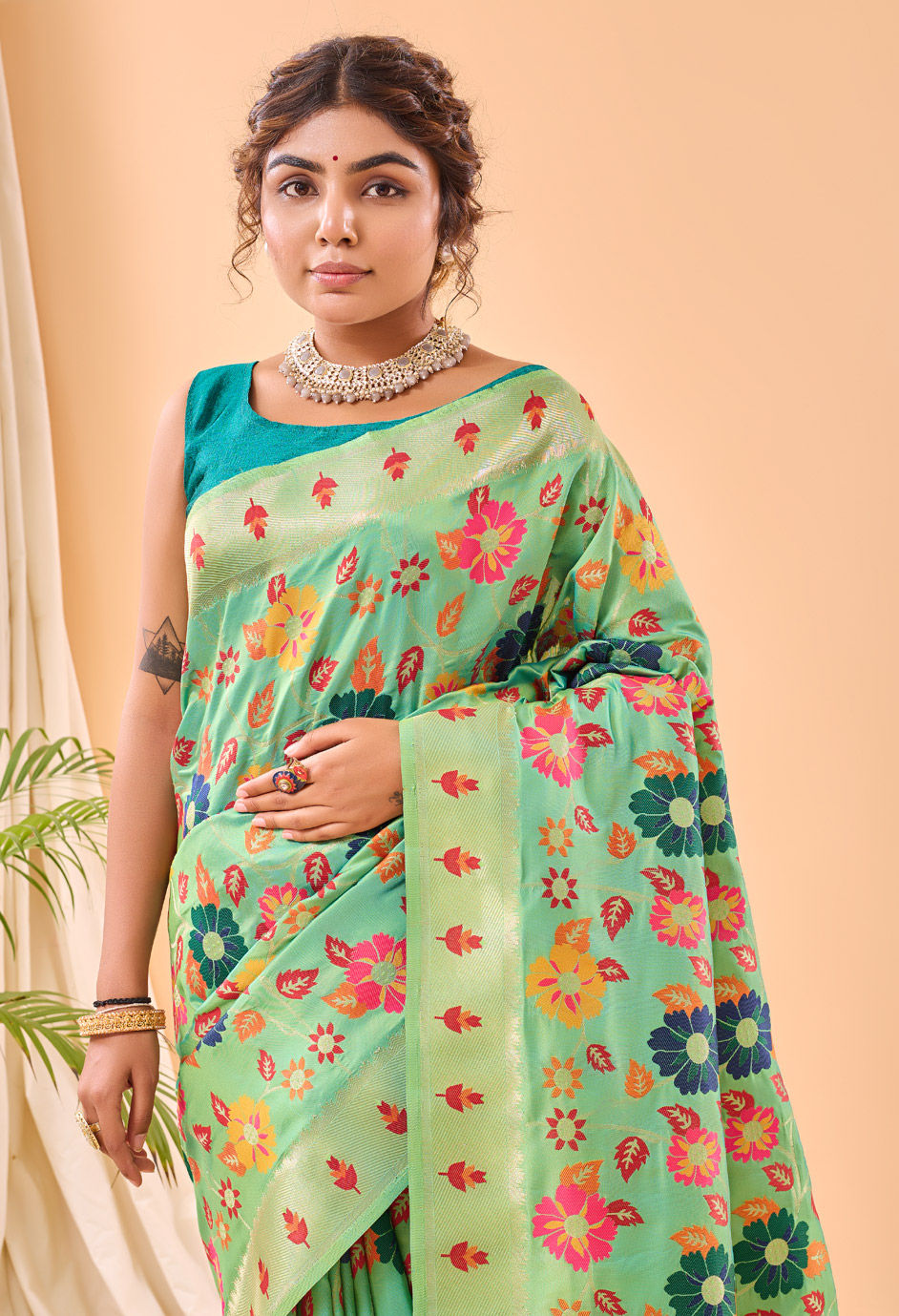 Women green  assam silk weaving wedding wear saree main image 1