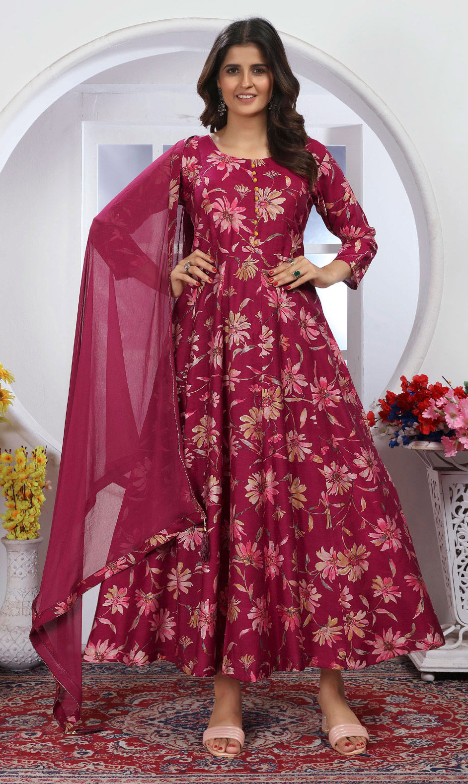 Pista Green Chaderi Silk Party Wear Gown - 113351