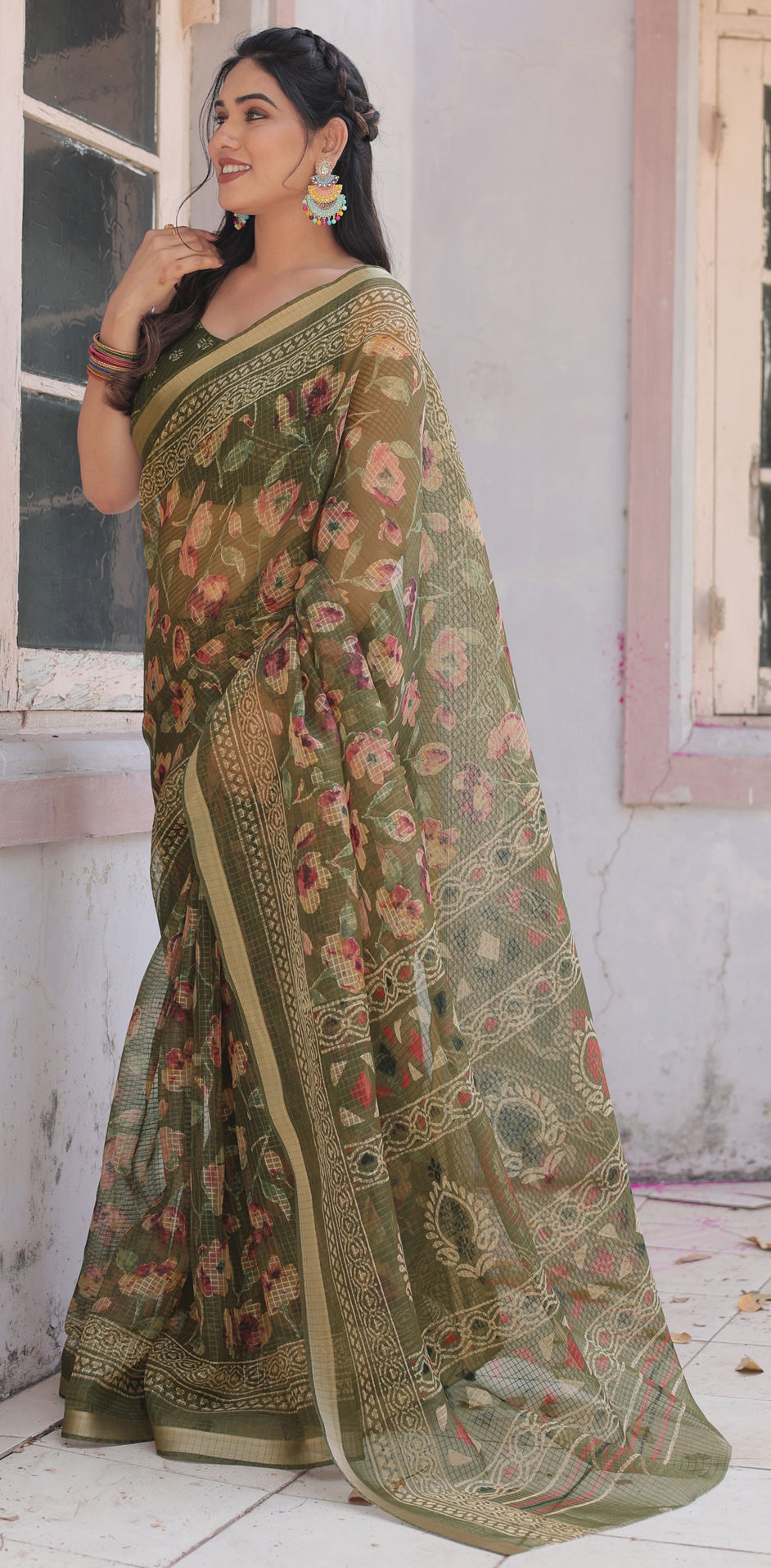 Pure Cotton Kota Doria Screen Print Saree - Green Color