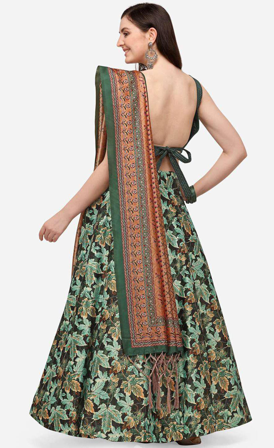 Green Partywear Art Silk Lehenga - Rent