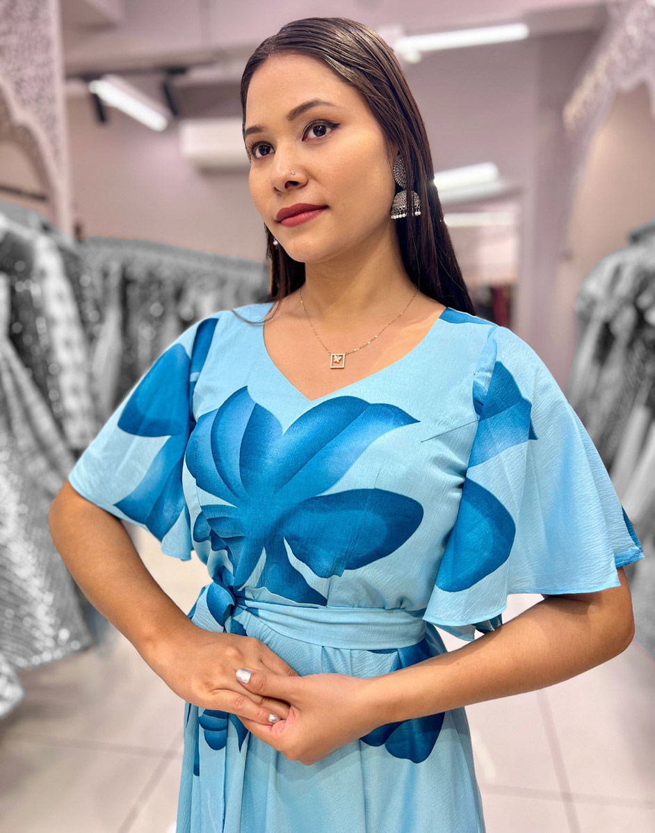 Printed Silk Gown Or Textile With A Blue And Yellow Floral And Geometric Pattern