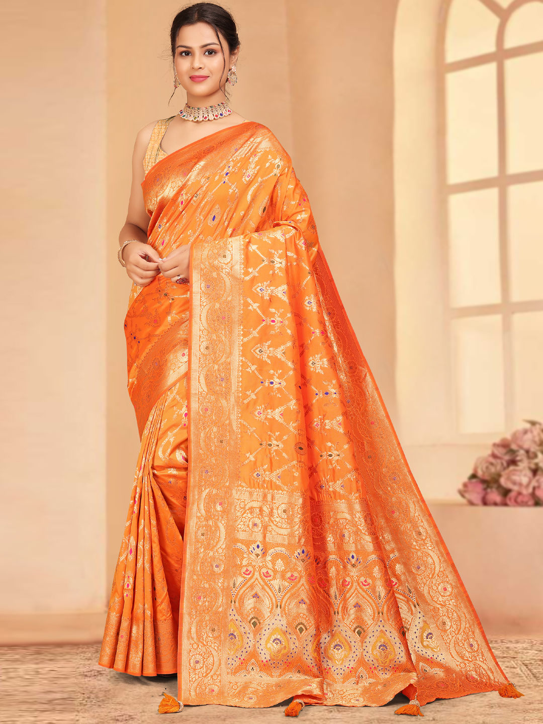 Festive Traditional Orange Color Banarasi Silk Fabric Saree 1952765 5995