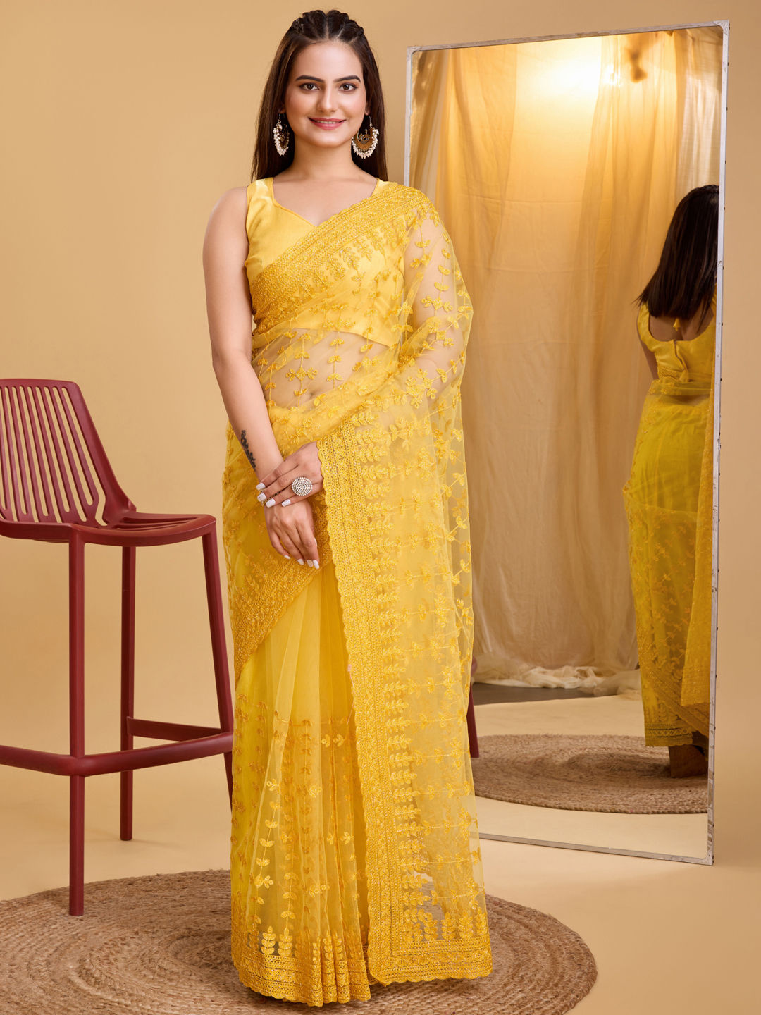 Embroidered Yellow Net Partywear Saree main image 1