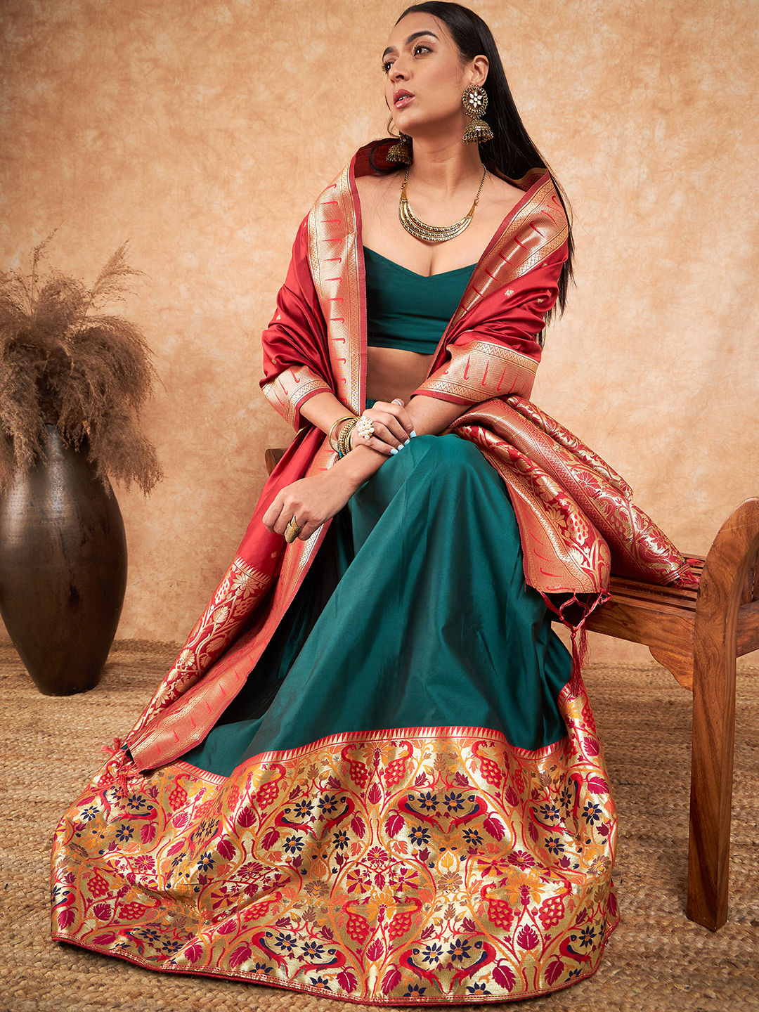 Green and Beige Banarasi Silk Lehenga- Rent