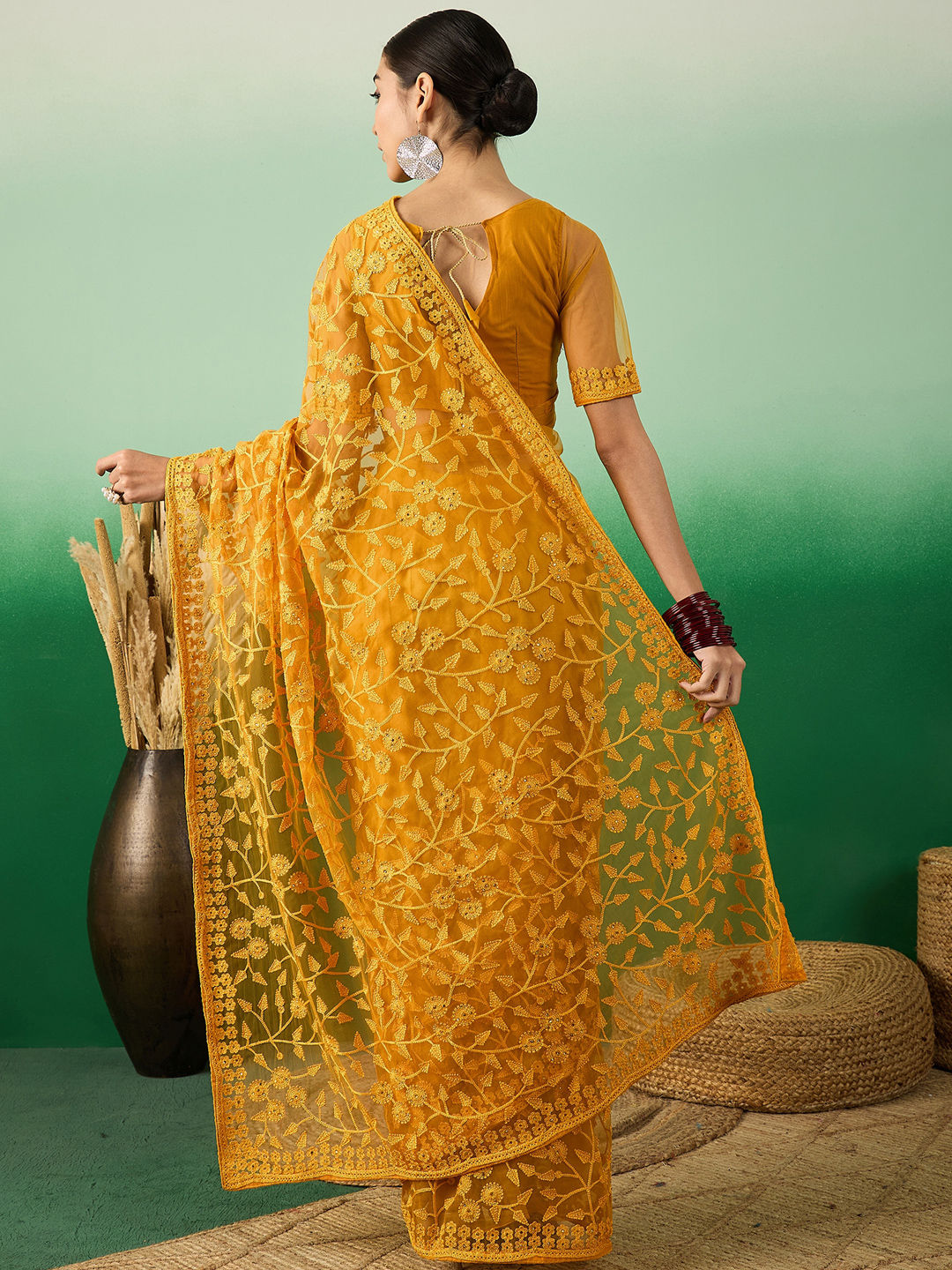 Party Wear Yellow color Net fabric Saree : 1954476