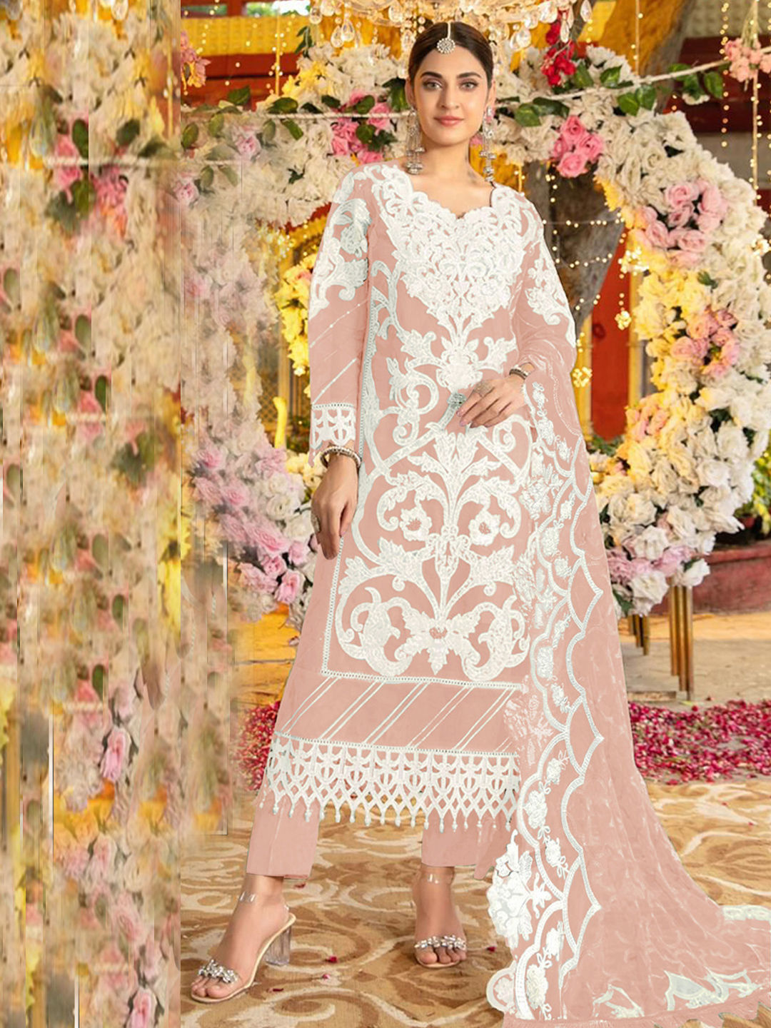 Sleek Pink Organza Designer Party Wear Readymade Salwar Suit With Pink Santoon
