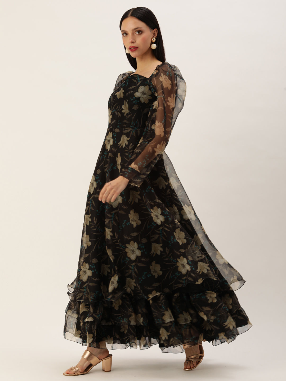 Party Wear Black and Grey color Organza Silk fabric Dress 1957299