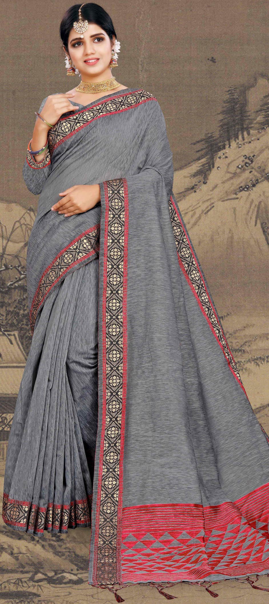 Casual, Traditional Black and Grey color Cotton fabric Saree : 1585947