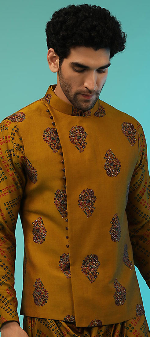 Yellow - Slub Silk Men Plain Nehru Jacket 11