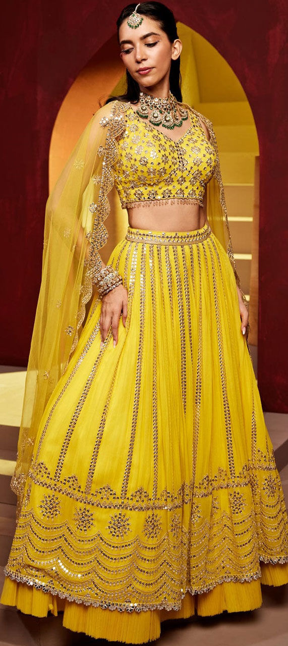 Designer, Mehendi Sangeet, Wedding Yellow color Faux Georgette fabric ...