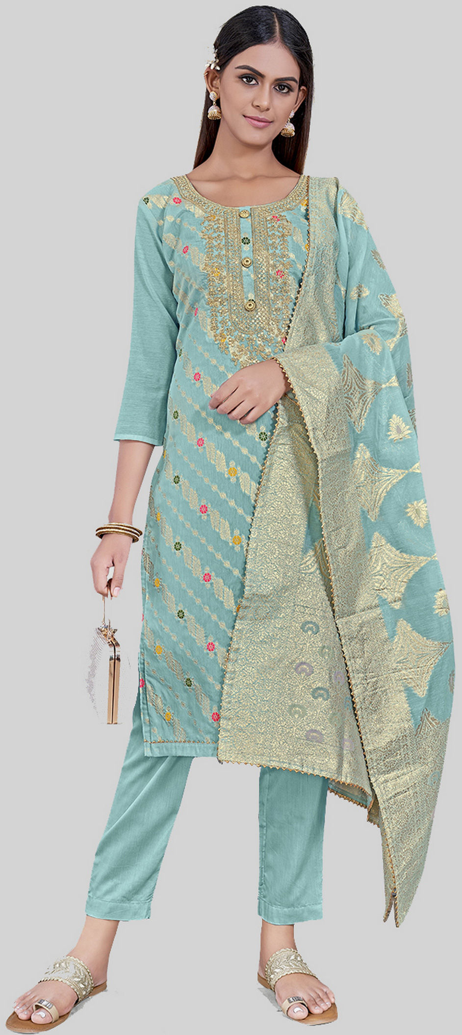 Exclusive Blue Chanderi Silk Salwar Kameez Dress Material AACH04