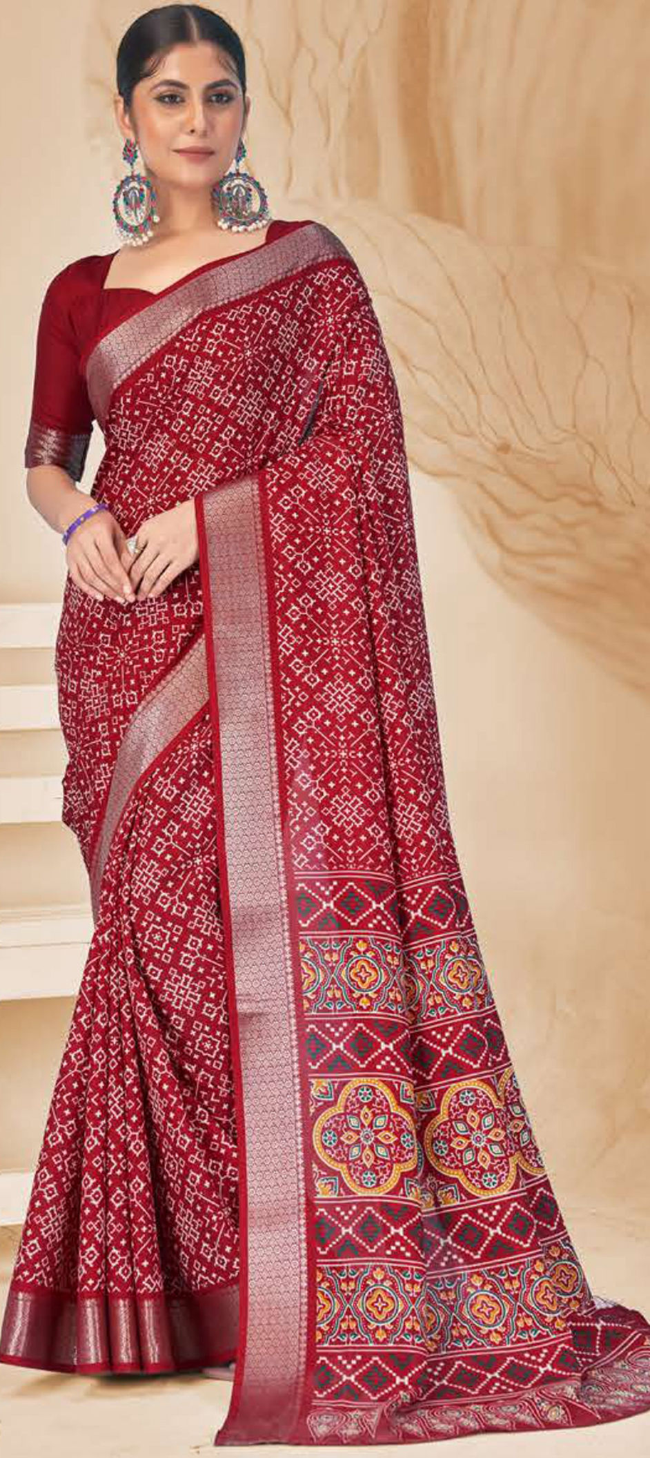 Party Wear, Traditional Red And Maroon Color Patola Silk Fabric Saree 