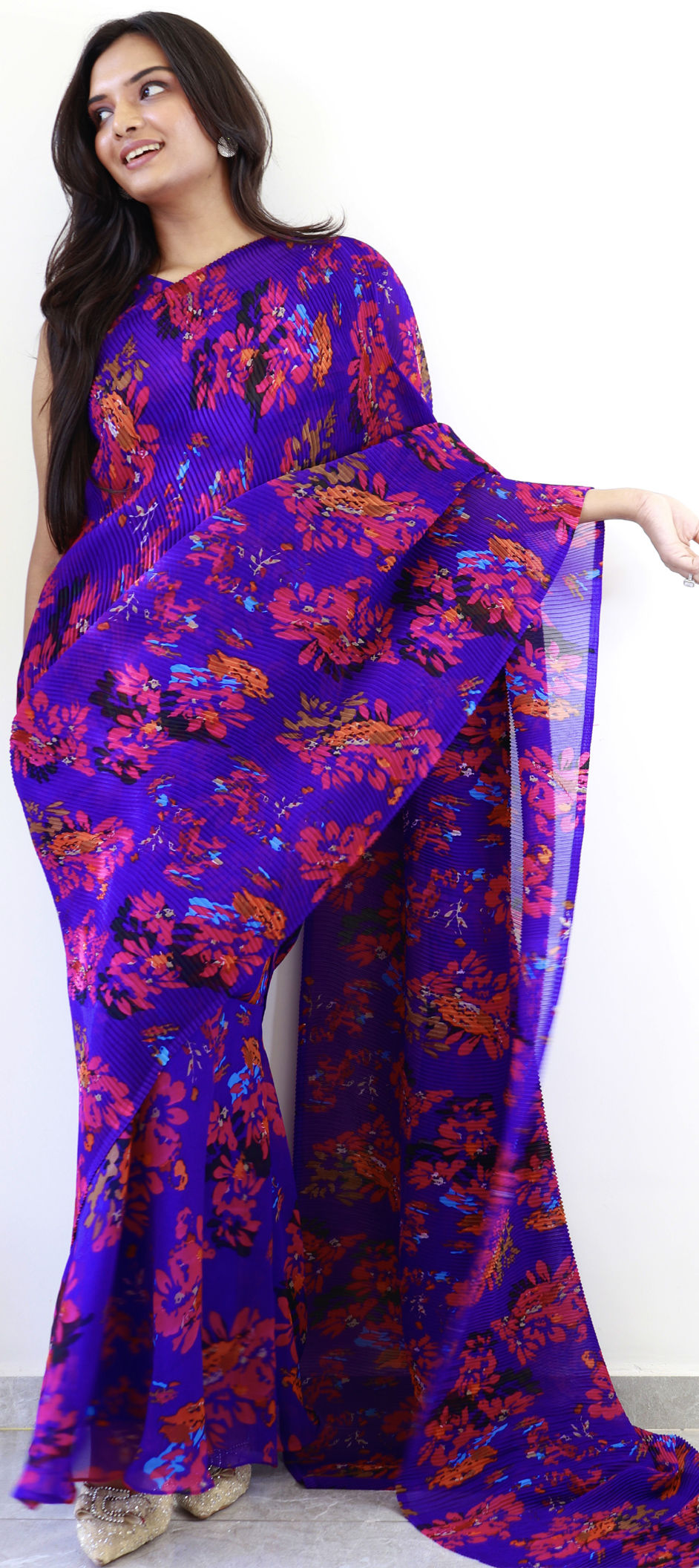 Georgette Fabric Purple Floral Printed Dress For Women