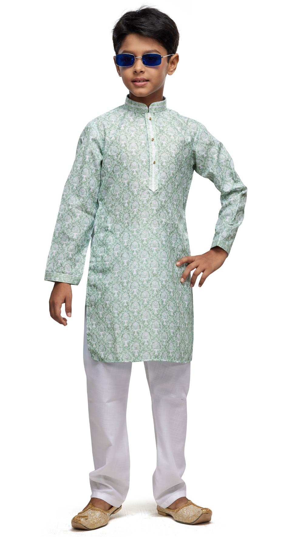Boys Olive Green Cotton Kurta With Pyjama