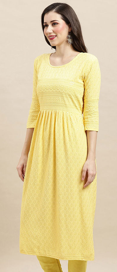 Women Yellow Front Open 3/4 Sleeve Low High Rayon Kurta main image 1