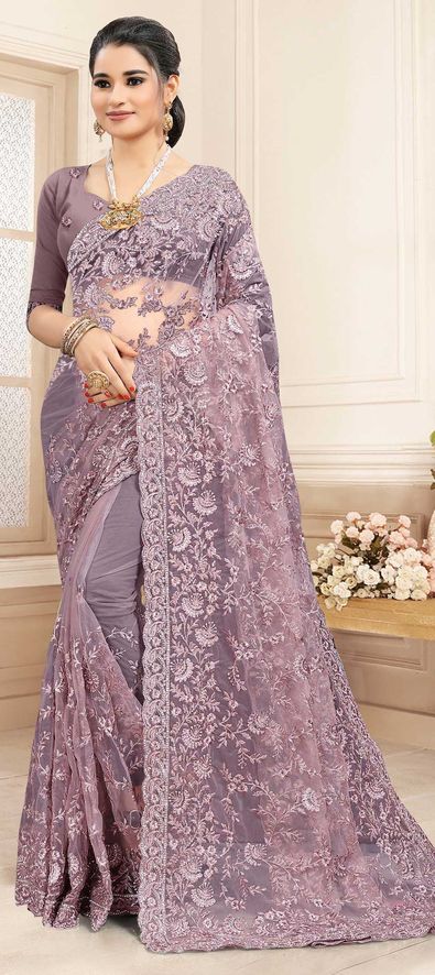 Net Wedding Saree in Purple and Violet with Stone Work Indian Dresses