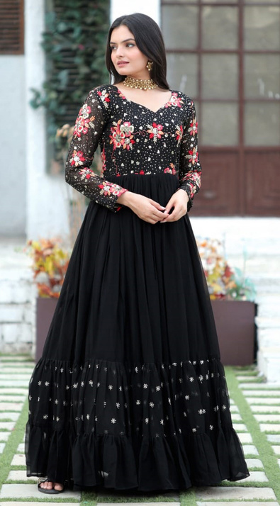 Embroidered Ladies Dark Grey Georgette Flared Gown, Party wear at