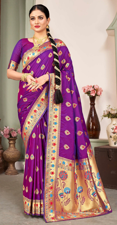 Buy Perfect Resource Banarasi Art Silk Violet & Pink Saree With Unstitched  Blouse at Amazon.in