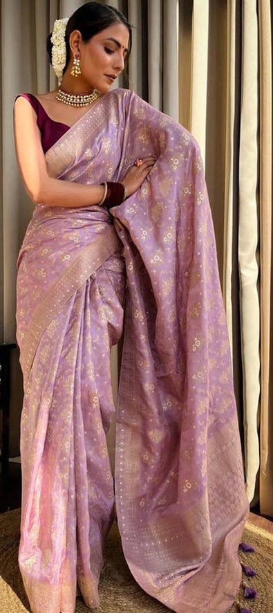 Women violet silk weaving wedding wear saree main image 1