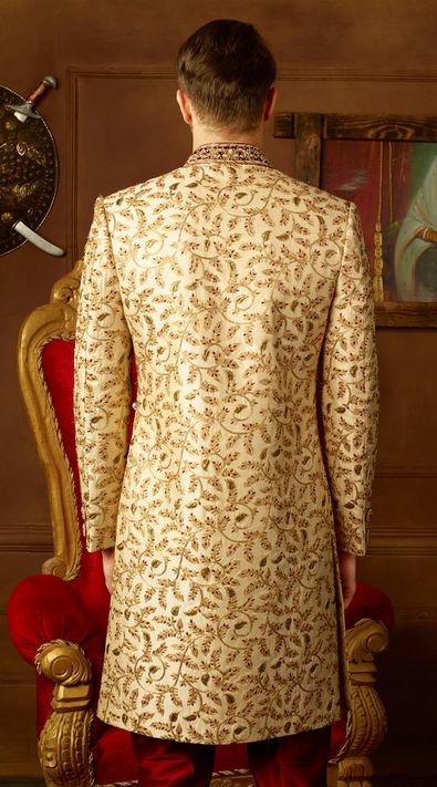 1535533 Gold Color Banarasi Silk Fabric Sherwani 6498