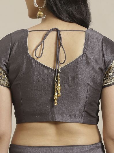 Banarasi Chanderi Silk Jacquard Boat Neck Blouse In Grey With Hook