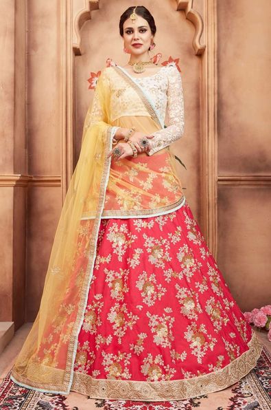 White Color Digital Bandhej Print Pure Gaji Silk Lehenga Cho