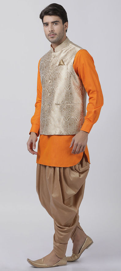 Orange Cotton Nehru Jacket With Kurta Pajama 848MW09