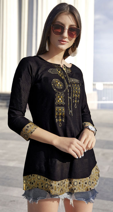 Rayon Casual Tops and Shirts in Black and Grey with Embroidered work