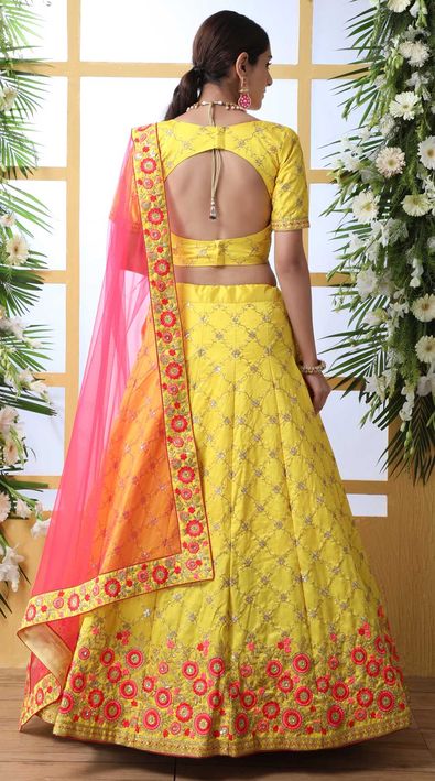 Designer Yellow Lehenga Matched With Multi Color Blouse (Festival Discount)  #28713 | Buy Online @ DesiClik.com, USA