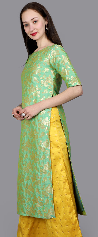 Buy Lemon Yellow And Olive Green Printed Kurta With Tights And Dupatta  Online - W for Woman
