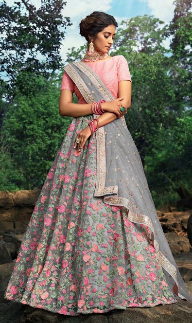 Buy Bollywood Outfit - Pink And Grey Floral Printed Silk Lehenga Choli