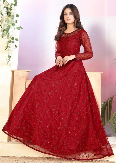 Festive Party Wear Red And Maroon Color Net Fabric Salwar Kameez