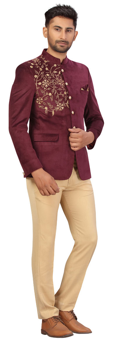 Red and Maroon color Velvet fabric Jodhpuri Suit : 1717594