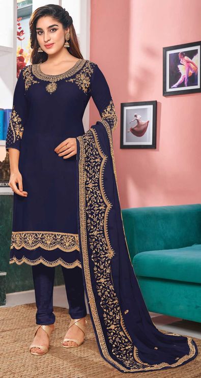 Blooming Royal Blue Color Heavy Georgette Salwar Suit With Banaras Dupatta