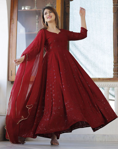 Festive, Party Wear Red and Maroon color Net fabric Salwar Kameez : 1858447