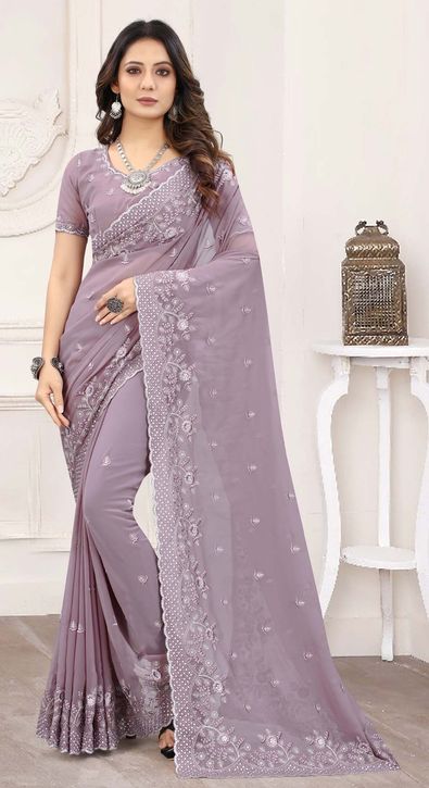 Shop Online Embroidered and Sequins Work Georgette Trendy Saree In Purple  for Ceremonial : 274507 -