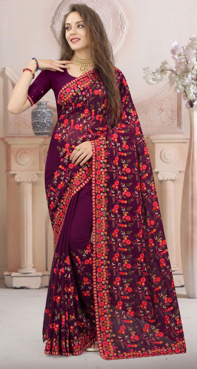 Georgette Party Wear Saree in Purple and Violet with Border work | Party  wear sarees, Party wear, Beautiful dresses