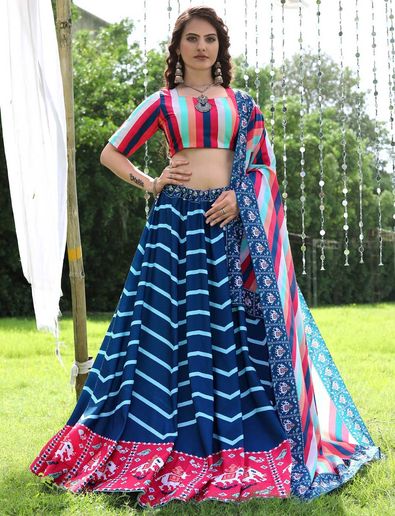 Blue Printed Lehenga in Chinon with Sequin Work - CCEG1584 from...