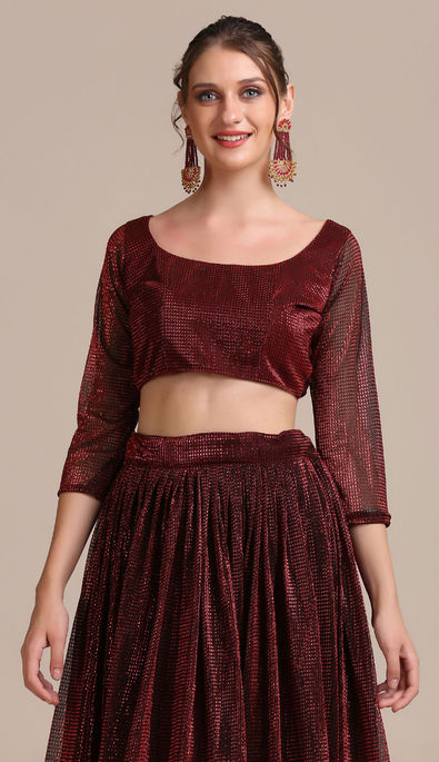 Buy Maroon Cotton Traditional Lehenga With Printed Crop Top From Ethnic Plus
