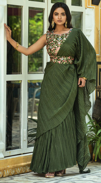 Dark green embroidered faux georgette saree with blouse - BAJAJ FASHION HUB  - 3998105